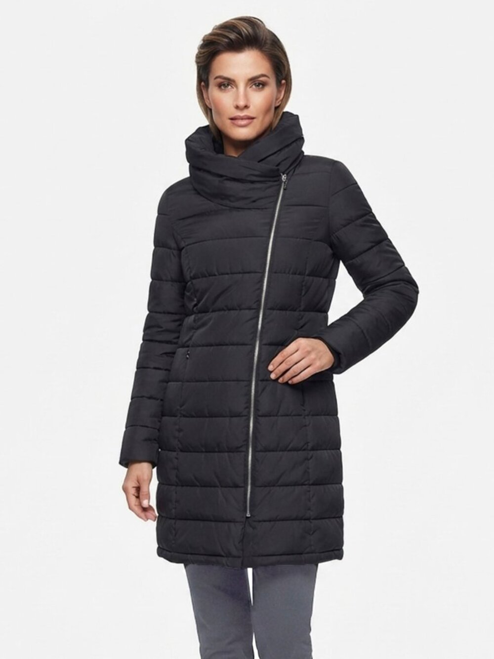 DKNY Black Asymmetrical Zip Hooded Puffer Jacket Packable Winter Coat XS